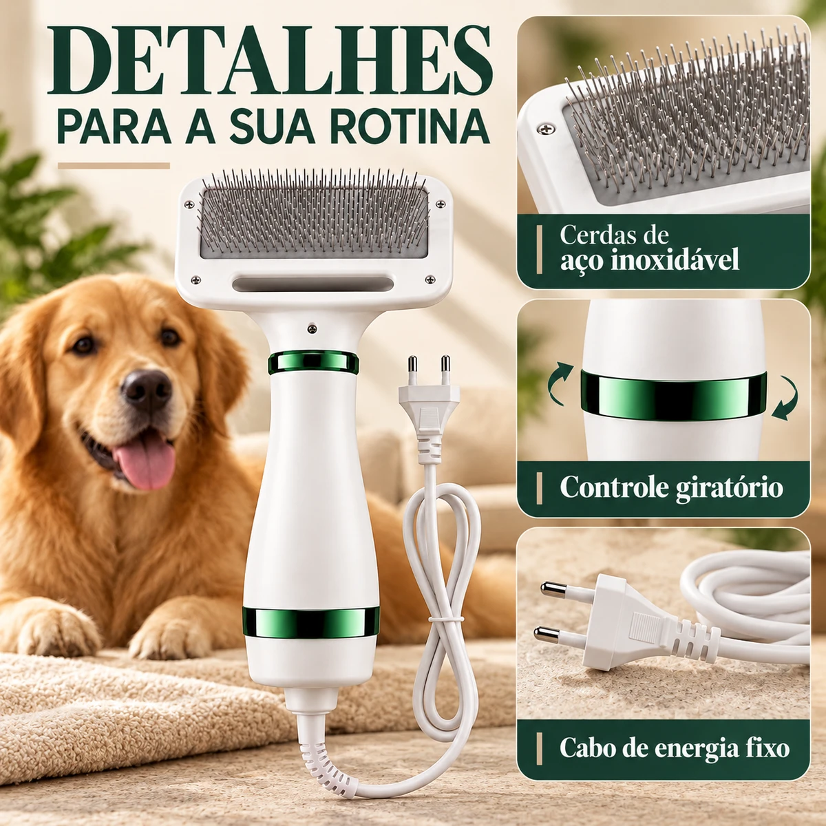 Detalhes de construção, materiais ou ajustes de Escova Secadora Pet 2 em 1